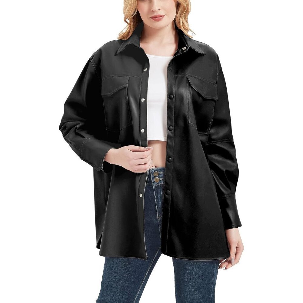 🆕 Women Black Faux Leather Blazer Jackets Spring Fashion Vegan Button Down Coat